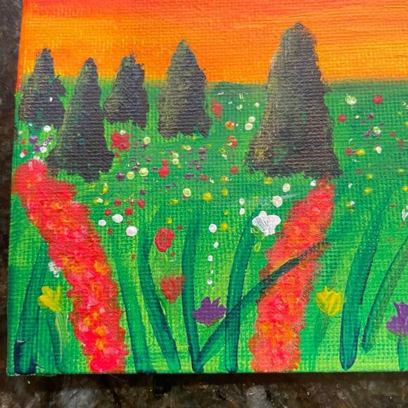 Handmade acrylic painting landscape wild flowers 5X7 - Picture 2 of 4